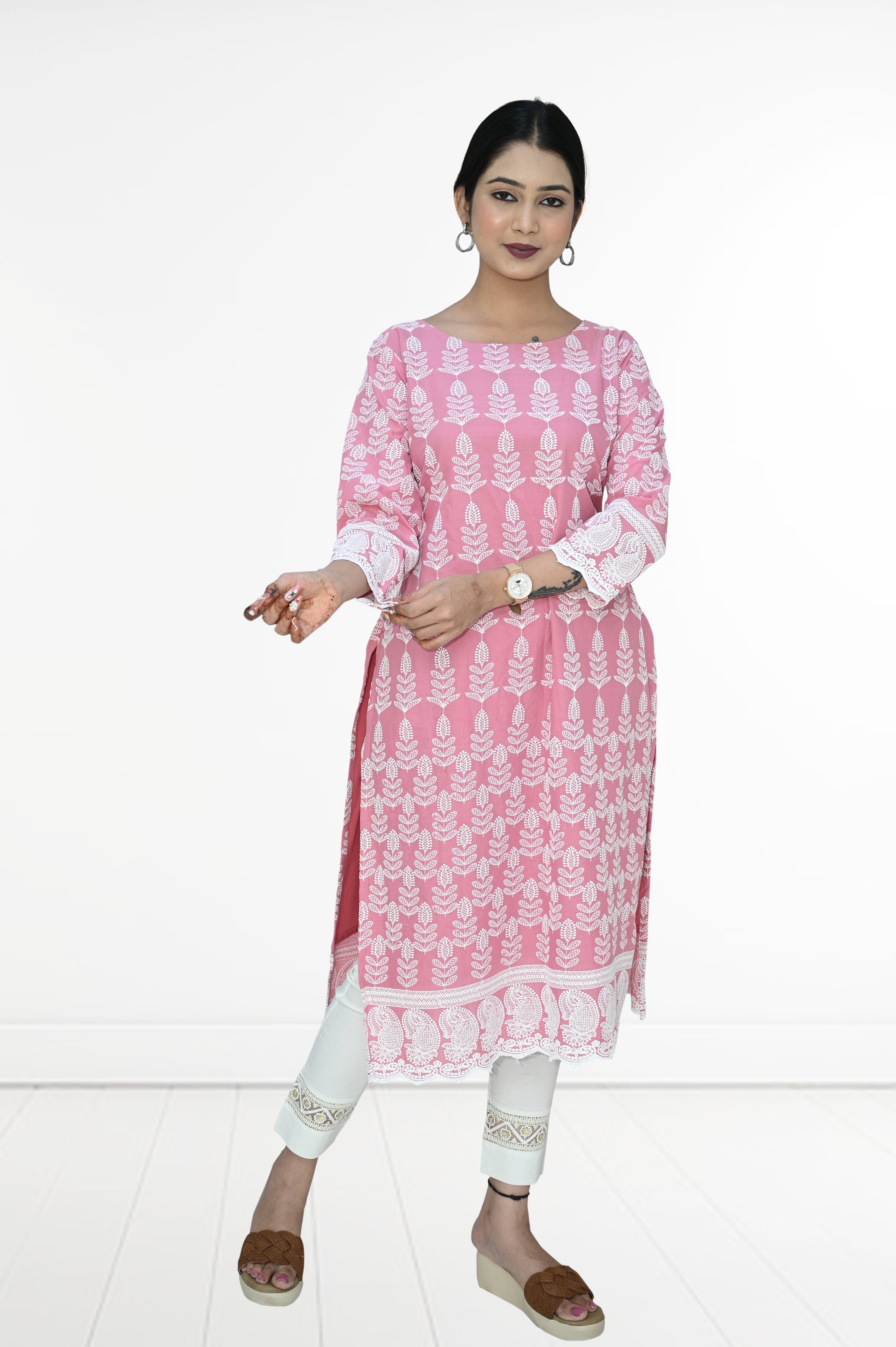 Hakoba - 2 Side Cut Pink Kurti - Only Kurti