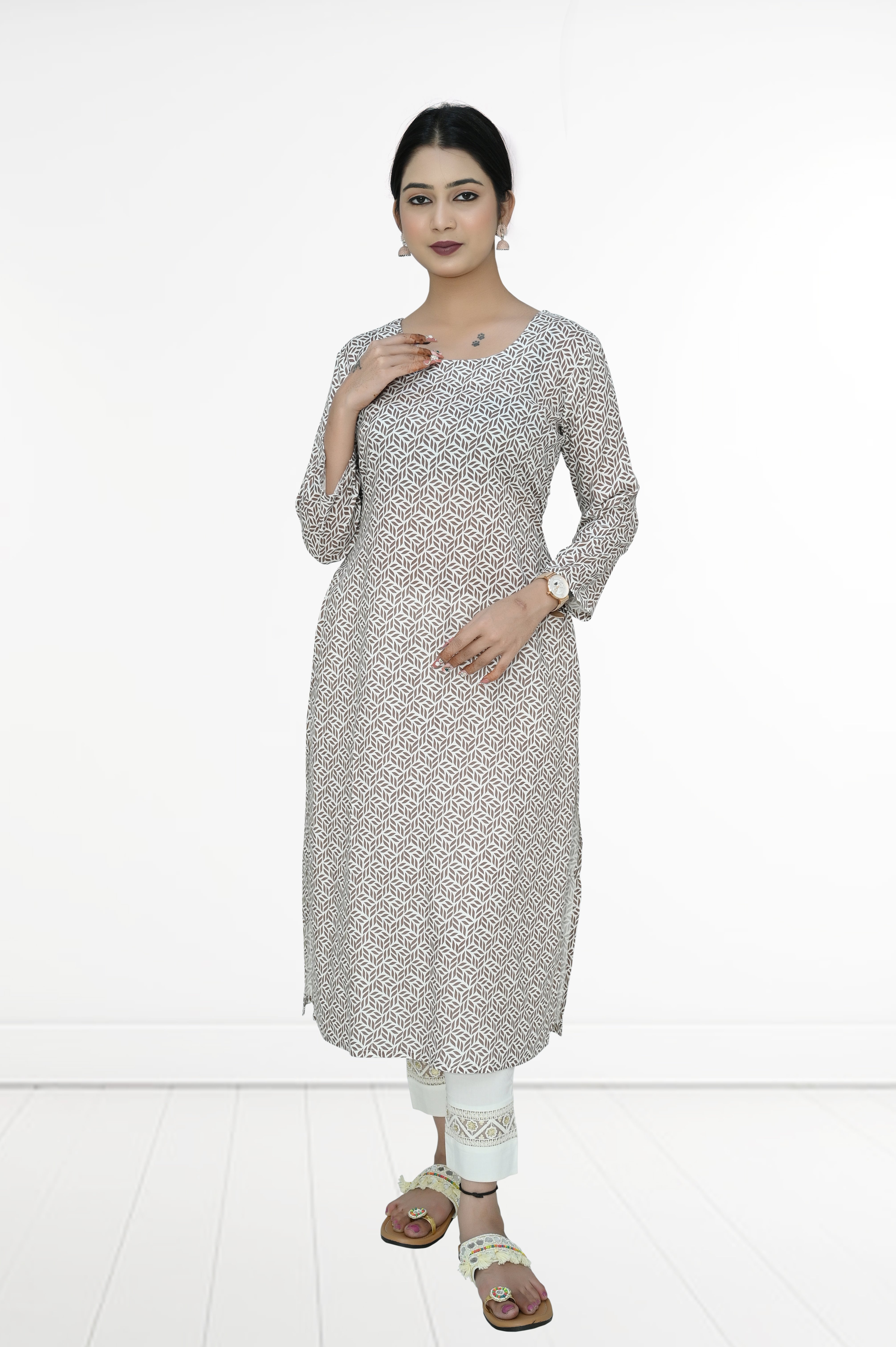 Reyon-2 side cut kurti - Brown